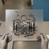 Camping Adventure Scene | DTF Transfer Ready to Press | Outline Art Heat Transfer