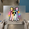Rainbow Paint Splatter Ghost with Bow | DTF Transfer Ready to Press | Cartoon Heat Transfer